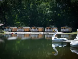 Swan-shaped boats, a lake and Ballum mobile homes on the beach