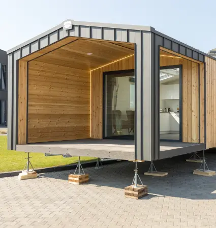 Capri Luxurior mobile home with spacious terrace and LED lighting on the factory territory