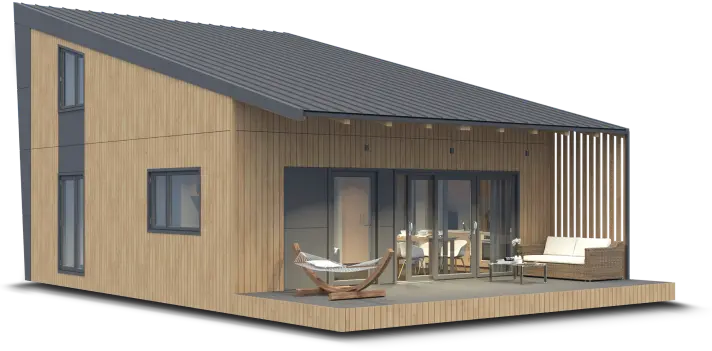 3D-Modell des modularen Hauses Falcon mit einer großen Terrasse, das Dach des Hauses hat eine scharfkantige Form