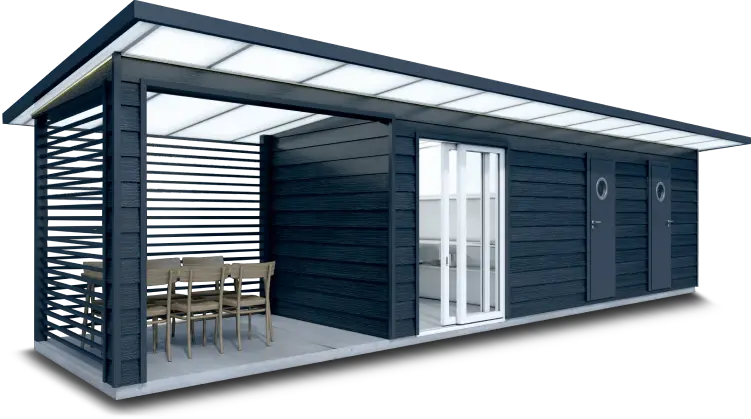 Three connected modules, the first one in the form of a pergola with dining table, the second module kitchen with glass doors and the third module with two doors to the shower room and toilet.