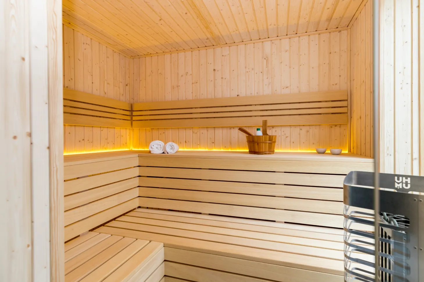 wooden sauna with LED lighting 